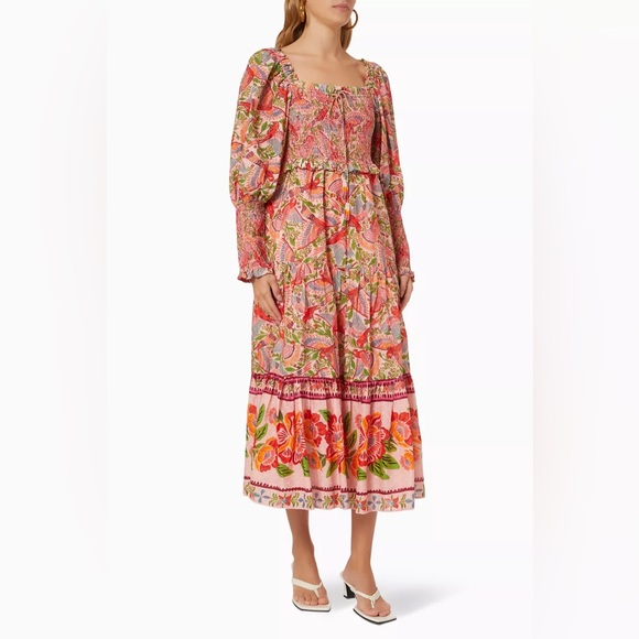 FARM RIO ANTHROPOLOGIE PINK MACAW FLIGHT SMOCKED MIDI DRESS - Picture 3 of 16